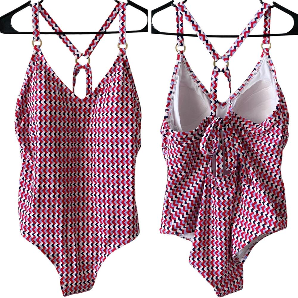 NEW KONA SOL Red Navy Zig Zag One Piece Swimsuit Size 17 Adjustable Gold Accent